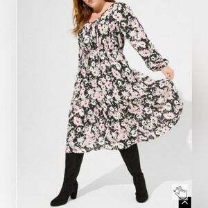 Torrid Midi Swiss Dot Pleat Long‎ Sleeve Dress size 1X floral print